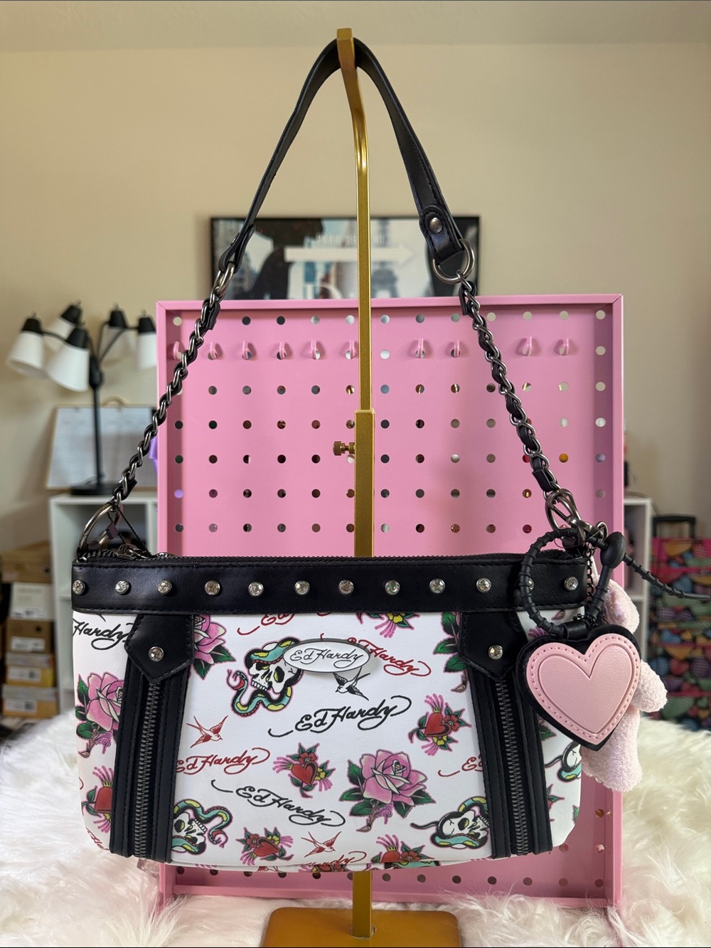 Ed Hardy White Floral Logo Shoulder Bag with Black Trim and Pink Heart Charm